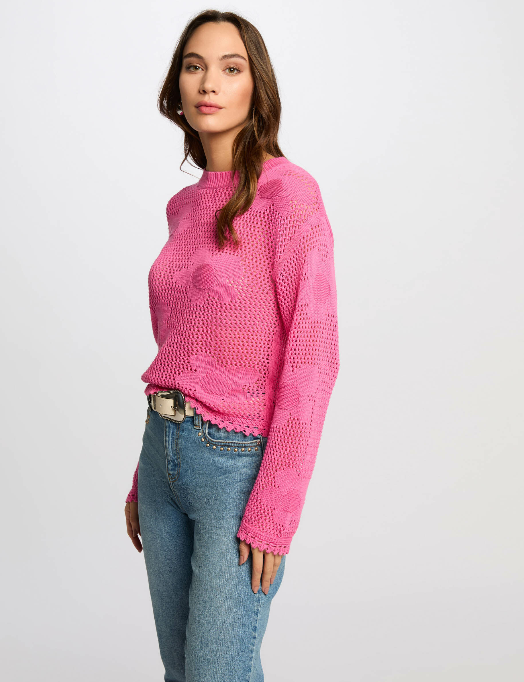 Pull col rond ajouré rose femme - Morgan - Modalova