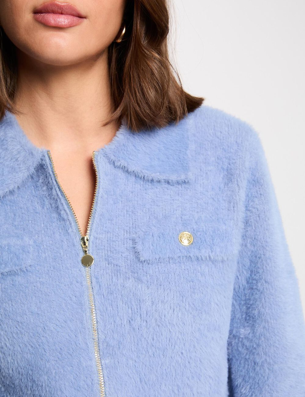 Gilet manches longues col &agrave; revers bleu femme