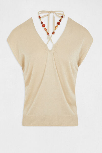 Pull manches courtes avec perles beige femme