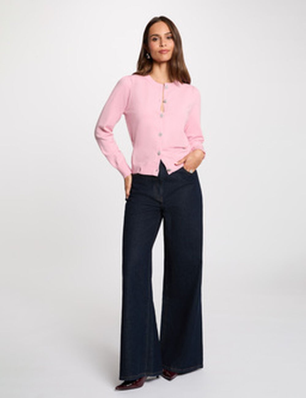 Gilet tricot col rond rose pastel femme
