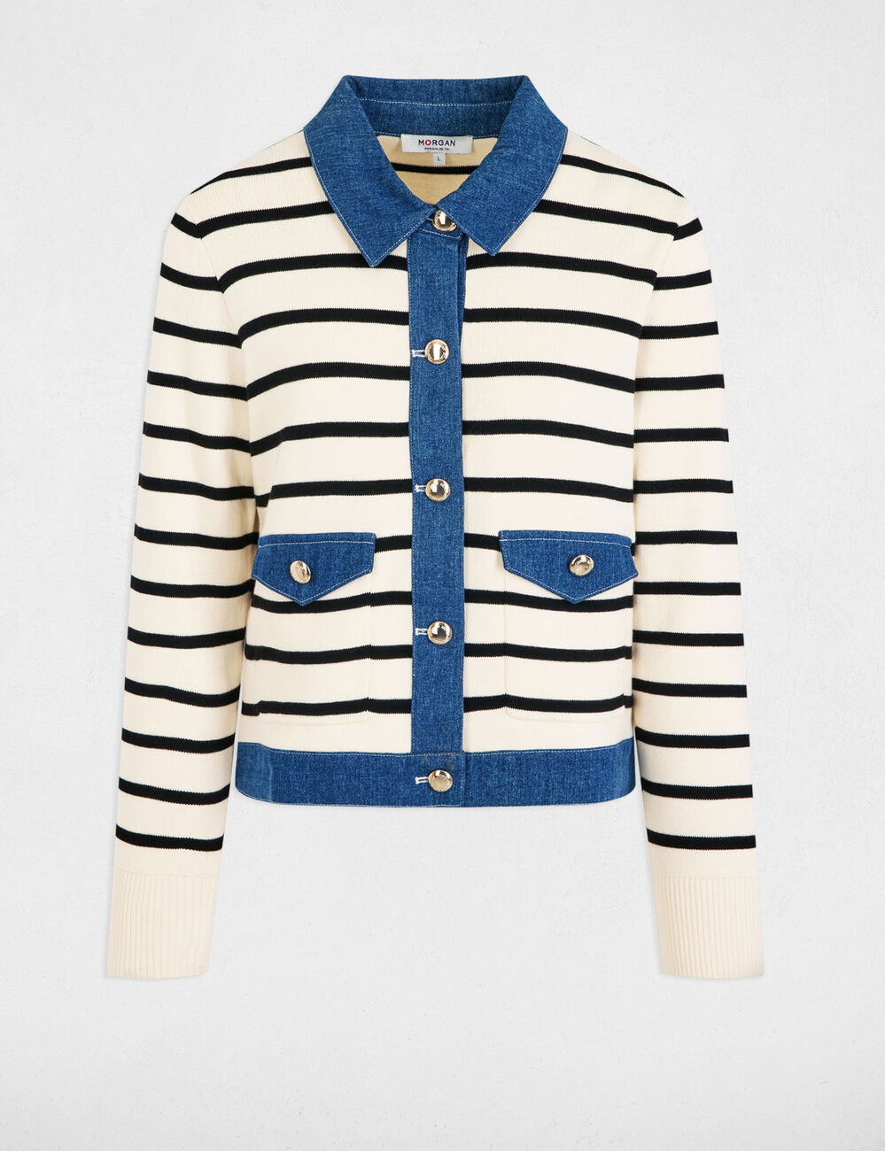 Gilet col à revers rayé ivoire femme