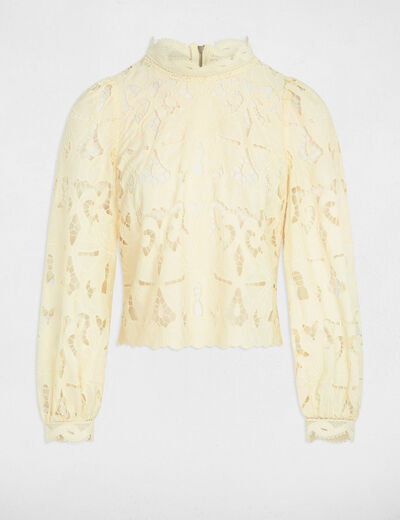 Blouse broderie col montant jaune pastel femme