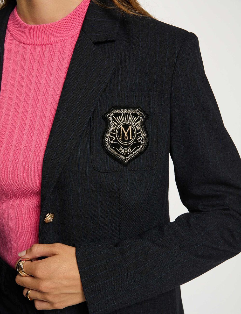 Blazer droit &agrave; rayures bleu marine femme