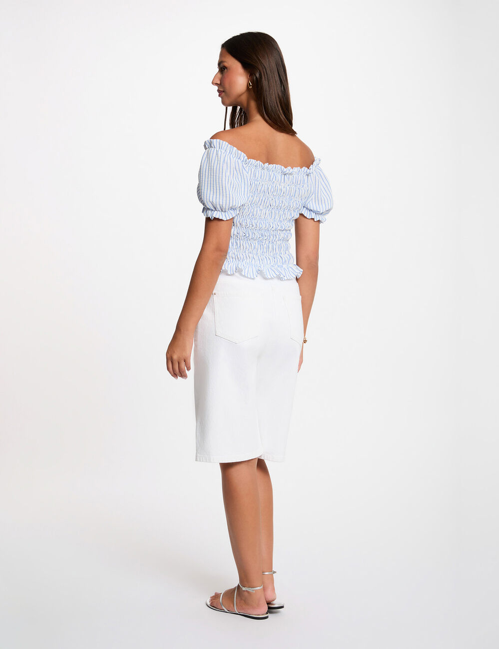 Blouse ray&eacute;e bardot bleu ciel femme