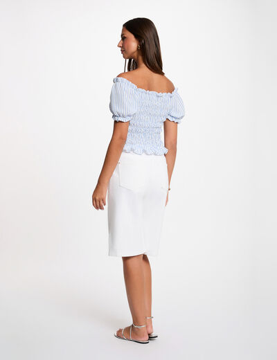 Blouse ray&eacute;e bardot bleu ciel femme