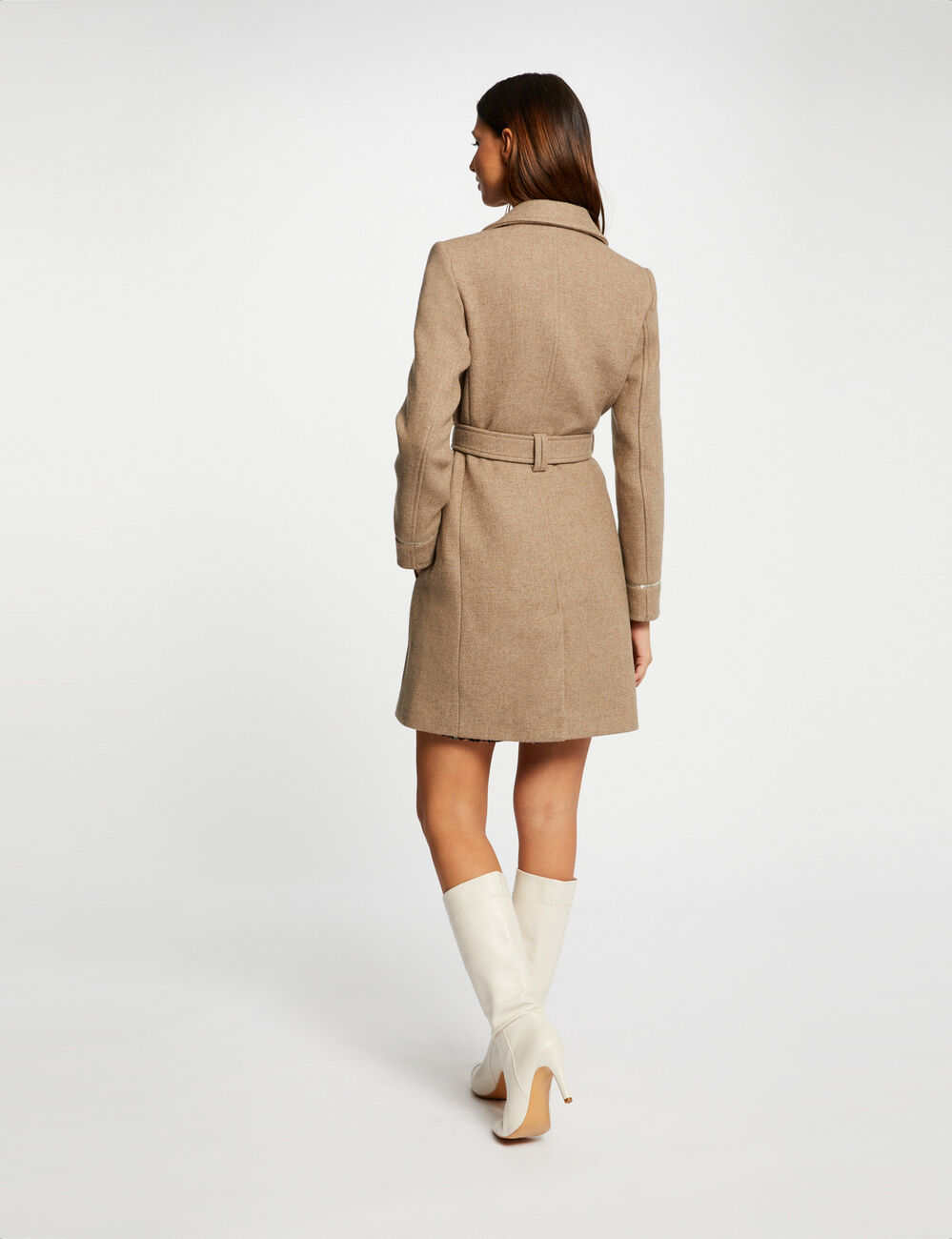 Manteau droit ceintur&eacute; beige femme