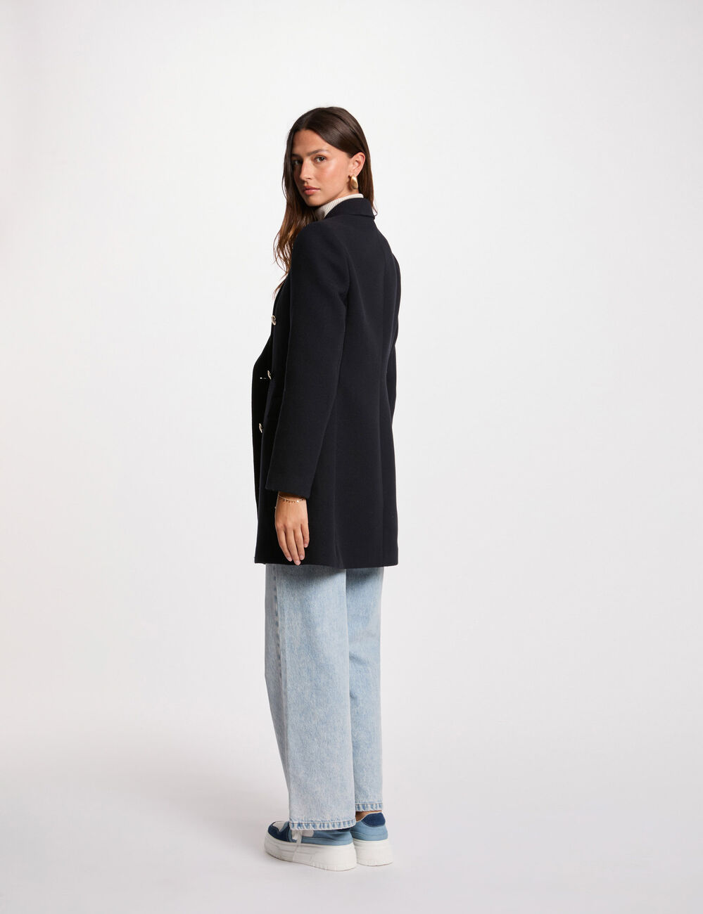 Manteau mi-long avec boutons bleu marine femme
