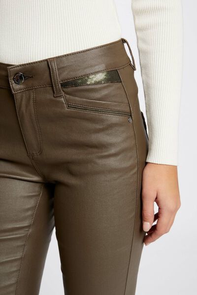 Pantalon skinny enduit vert kaki femme
