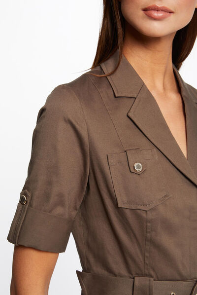 Robe droite ceinturée à manches courtes vert kaki femme