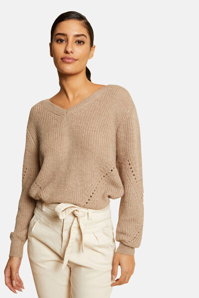 Pull manches longues à col en V taupe femme
