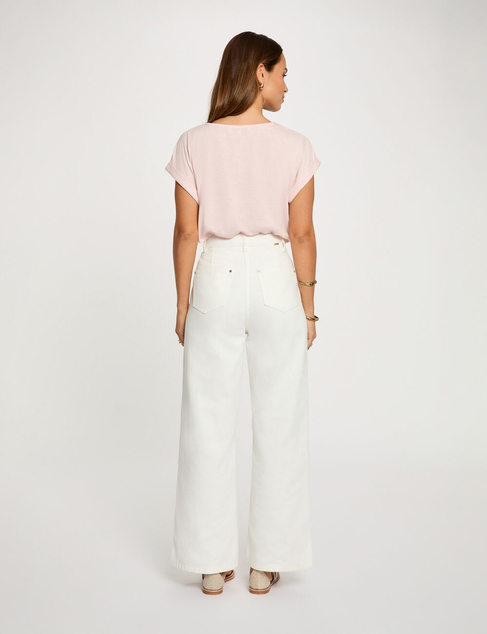 T-shirt col v manches courtes rose clair femme