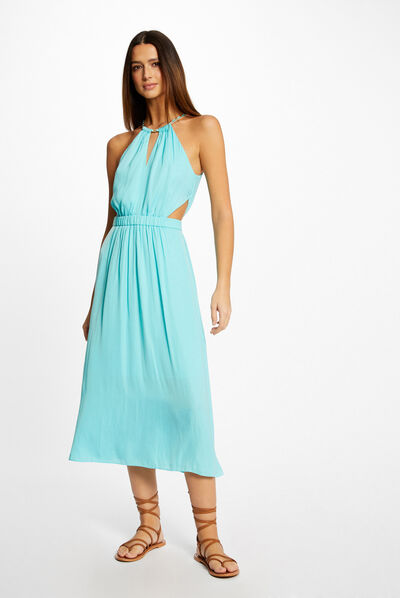 Robe midi évasée à encolure américaine bleu clair femme