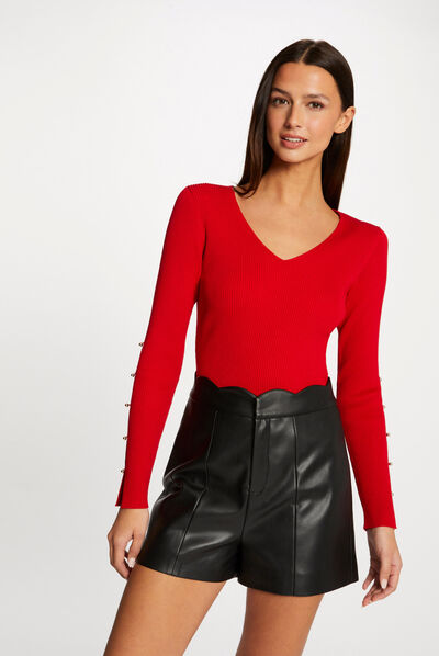 Pull manches longues fendues à boutons rouge femme