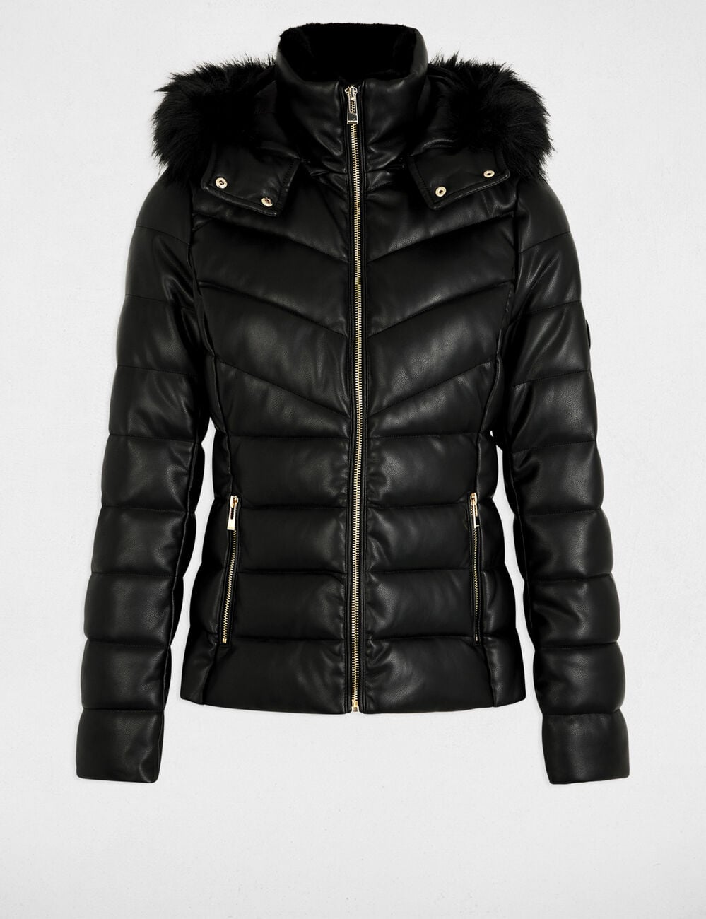 Doudoune similicuir cintr&eacute;e noir femme