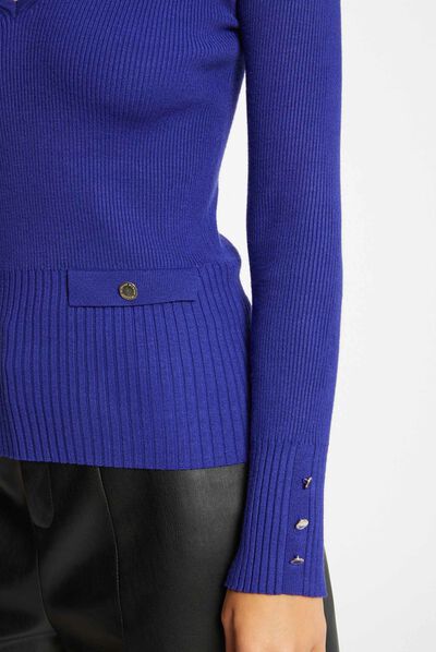 Pull manches longues côtelé à col en V bleu moyen femme