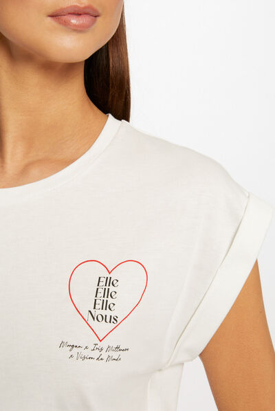 T-shirt manches courtes à inscription ecru femme