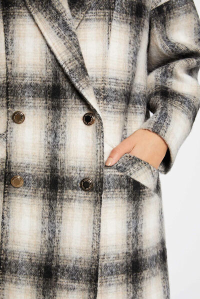 Manteau ample boutonné à carreaux beige femme