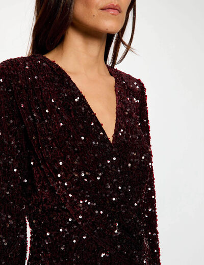 Robe longue ajust&eacute;e sequins prune femme