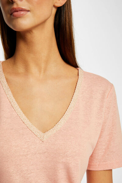 T-shirt manches courtes col en V rose moyen femme