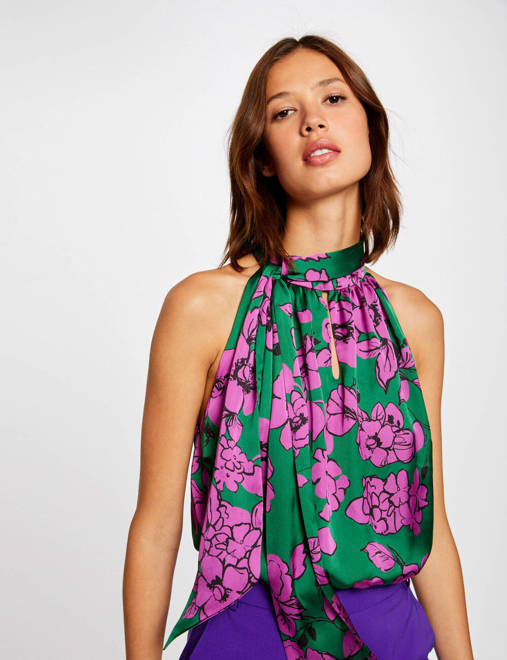 Blouse sans manches imprimé floral violet femme