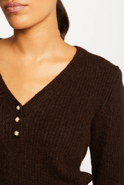 Pull manches longues à col en V marron fonce femme