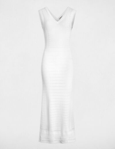 Robe tricot longue ajour&eacute;e blanc femme
