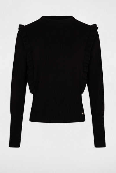 Pull manches longues à volants noir femme