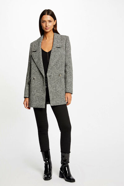 Manteau droit boutonné imprimé chevron gris moyen femme