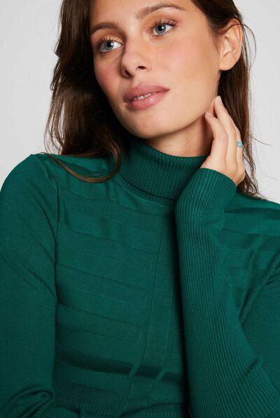 Pull manches longues col roulé vert femme