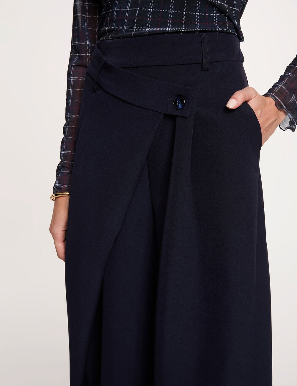 Pantalon large taille haute bleu marine femme