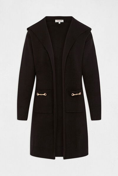 Gilet long à capuche et détails chaînes noir femme
