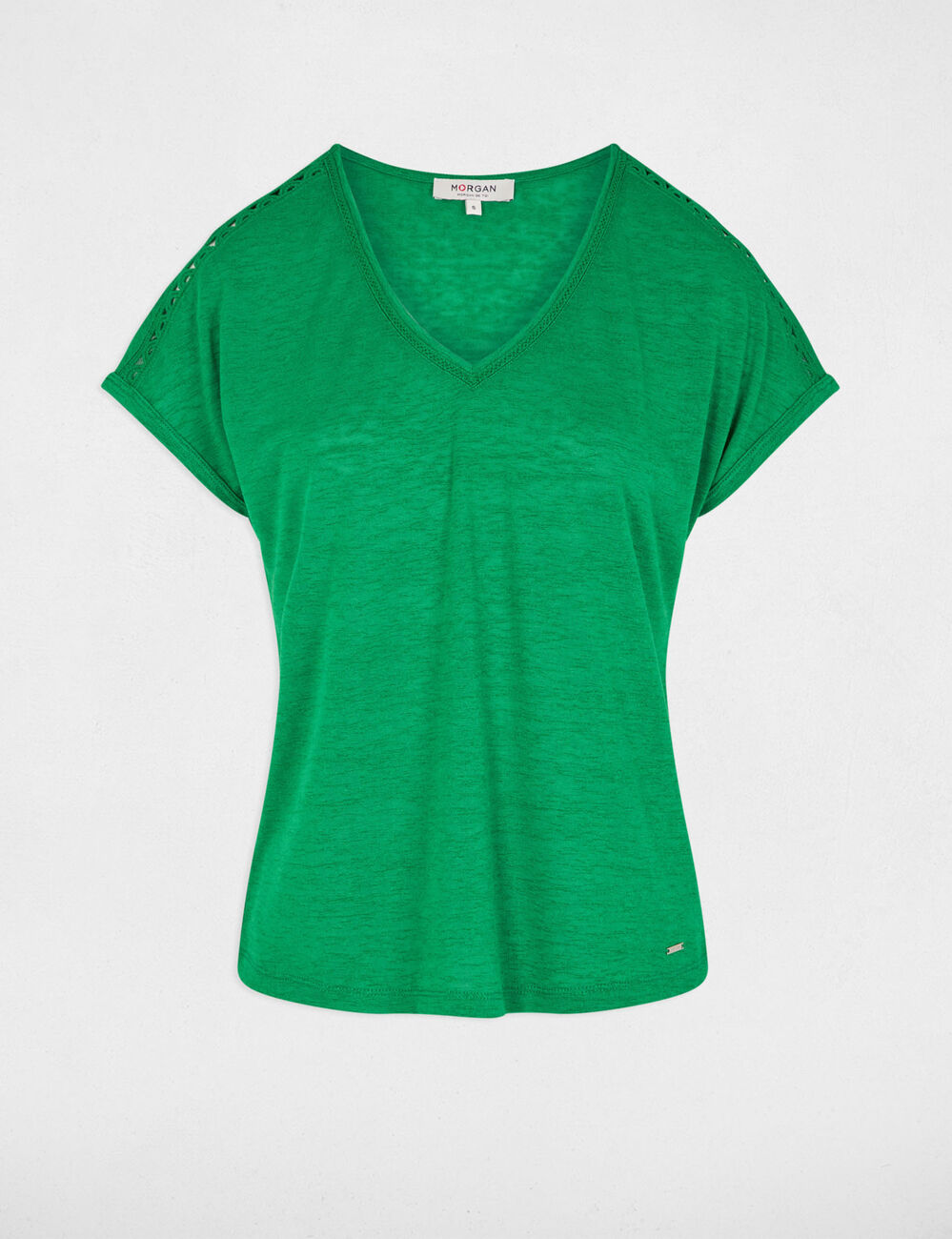 T-shirt col v manches courtes vert prairie femme