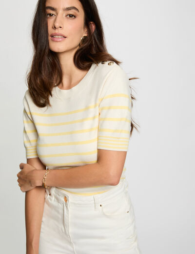 Pull manches courtes ray&eacute; ivoire femme