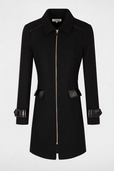 Manteau droit détails simili cuir noir femme