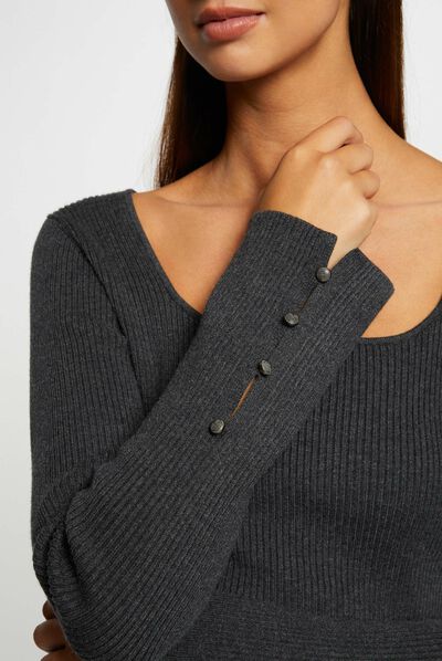 Pull manches longues côtelé gris anthracite femme