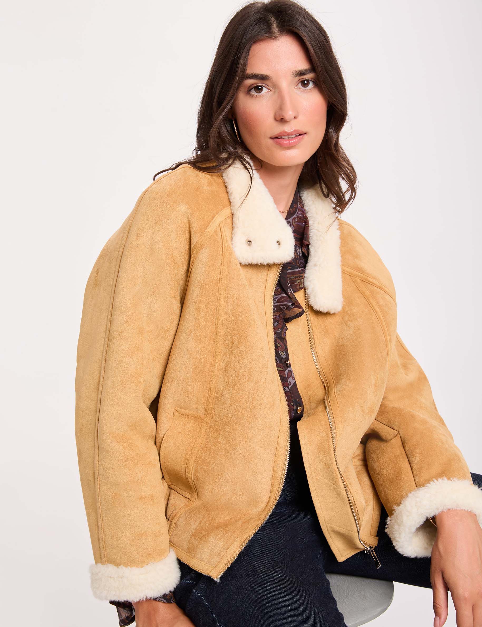 Blouson suédine col montant camel femme