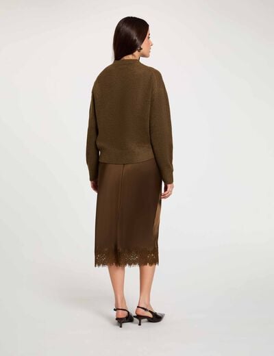 Pull &eacute;pais col rond vert kaki femme