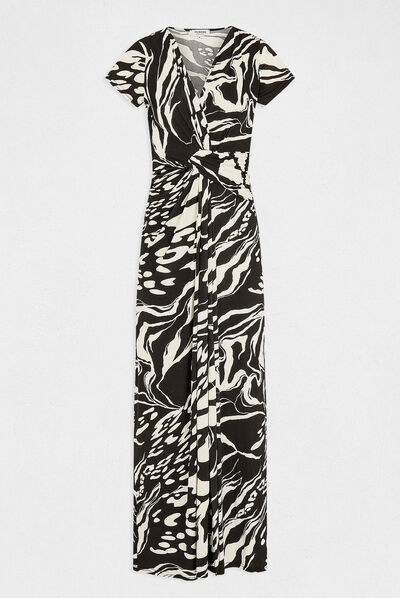 Robe longue droite imprimé abstrait noir femme