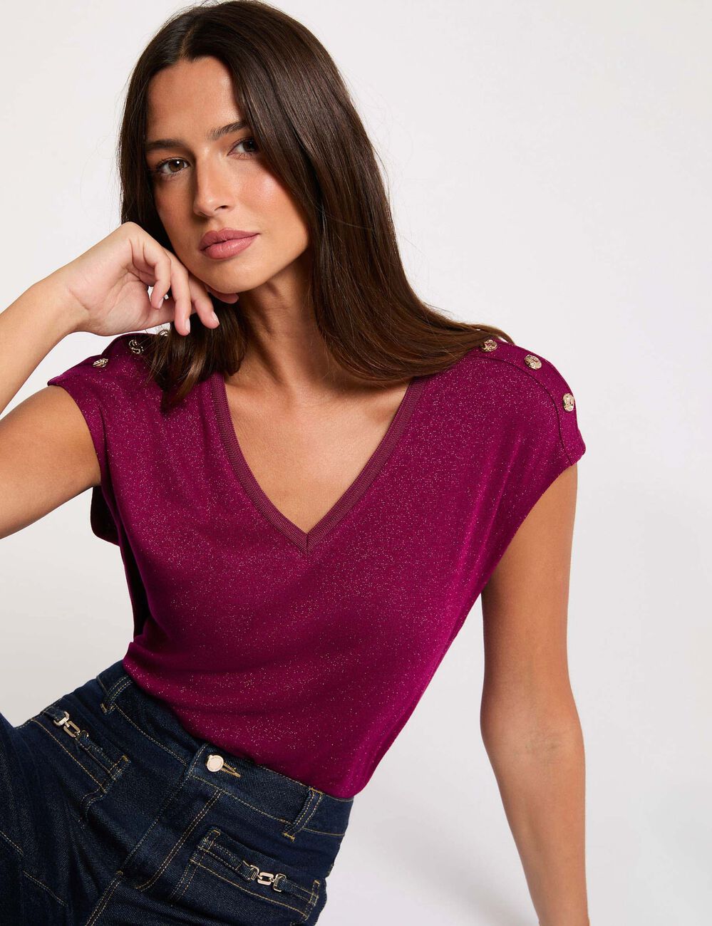 T-shirt col v boutons prune femme