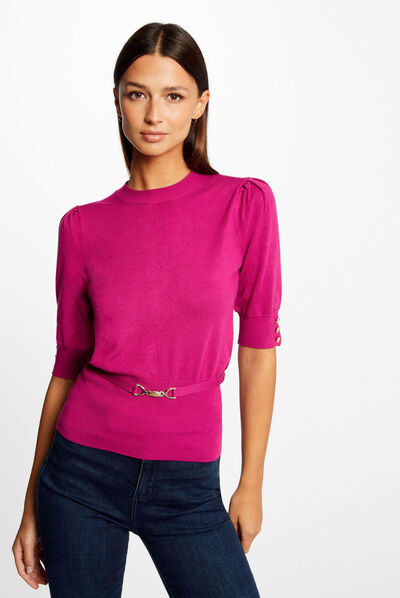 Pull manches courtes ornement métallique framboise femme