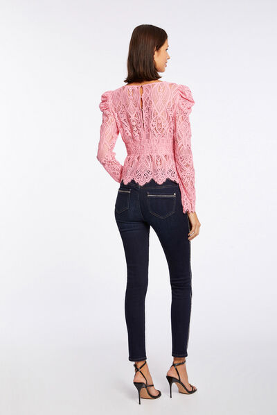 T-shirt manches longues à dentelle rose moyen femme