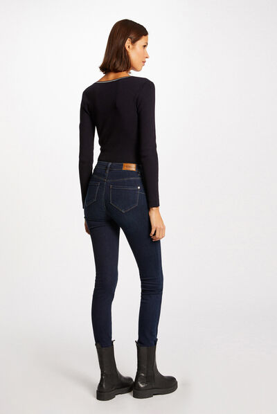 Pull manches longues à col en V marine femme