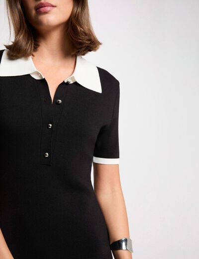 Robe tricot courte col &agrave; revers noir femme
