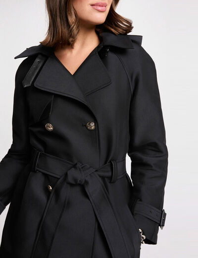 Trench mi-long &agrave; capuche noir femme