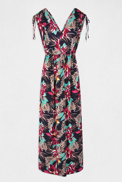 Robe longue droite imprimé floral marine femme