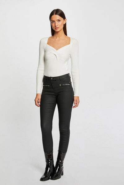 Pantalon skinny enduit détails zippés noir femme