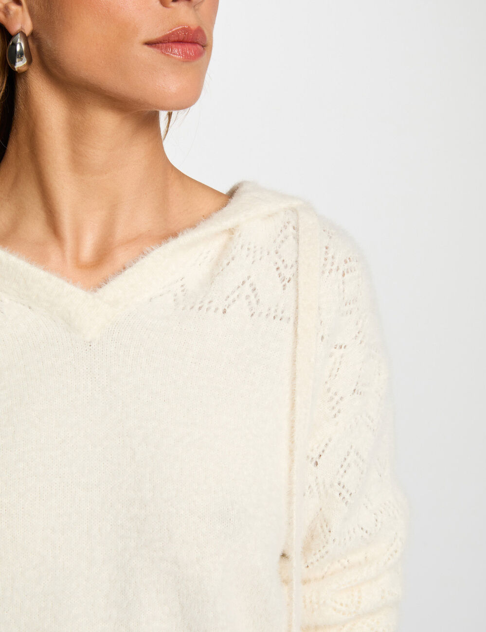 Pull &agrave; capuche ivoire femme