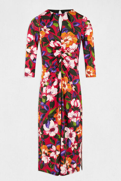 Robe midi ajustée froncée imprimé floral multico femme