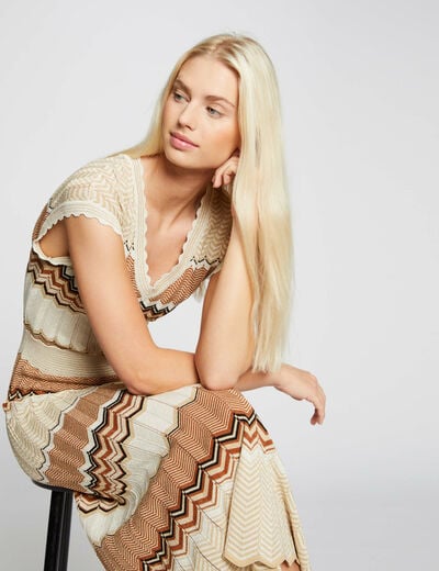 Robe pull longue droite &agrave; rayures marron cognac femme