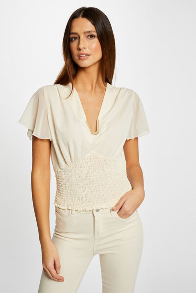 T-shirt manches courtes smocké ecru moyen femme